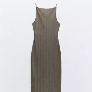 Zara Ribbed Midi Dress Khaki Size S